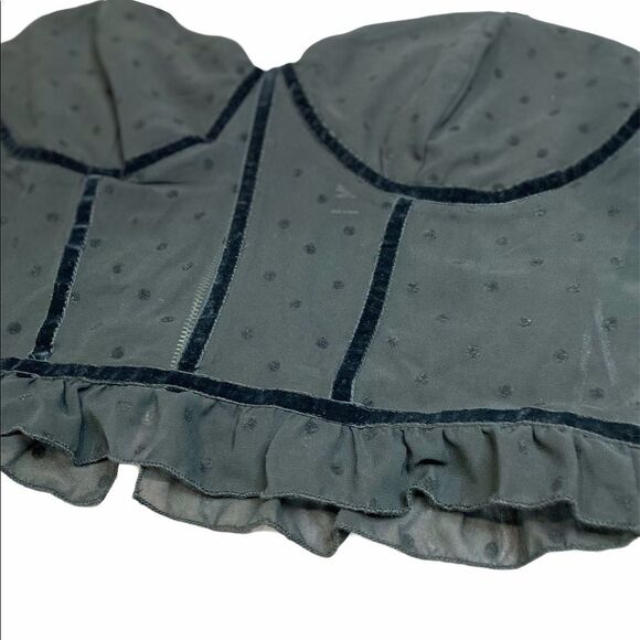 Black Velvet Polk Dot Ruffle Trim Cropped Corset Bustier Top NEW - Picture 4 of 4